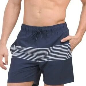 Onia Navy and White Striped Swim Trunks